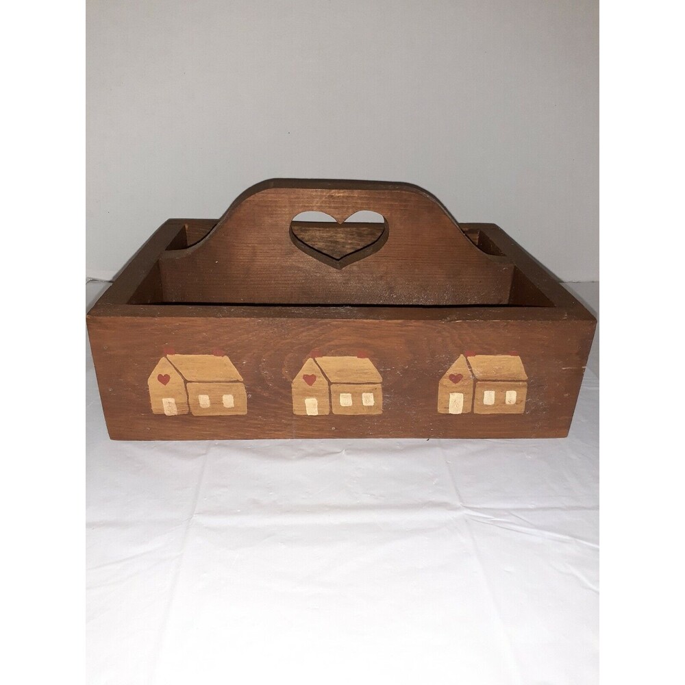Vtg 1980's Boho Handmade Rustic Solid Wood Rectangle Caddy Tote Brown Painted